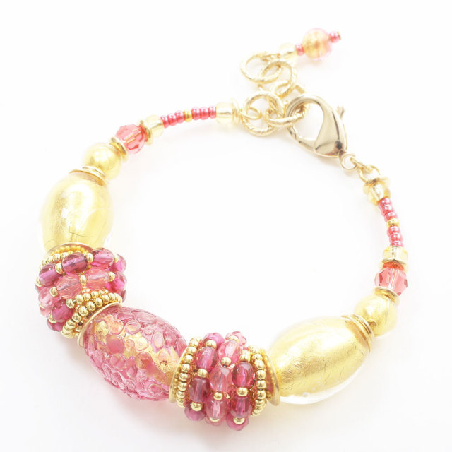イタリア製　ベネチアンガラス バングル ブレスレット　山吹色　ピンク　アンティコ・ロザ　純金箔入り　7982-IN19
