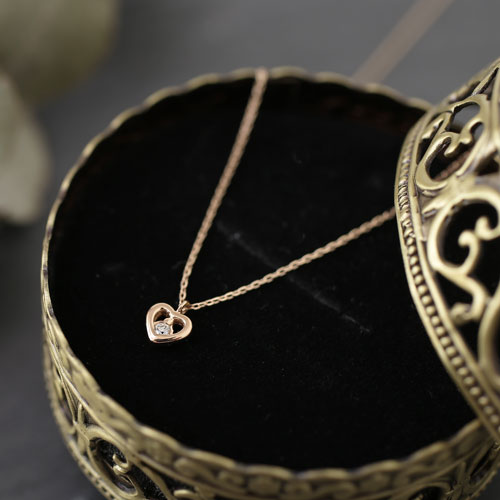 10金 K10PG ピンクゴールド ネックレス アズキチェーン ペンダント ハート ダイヤモンド 8000-UK18