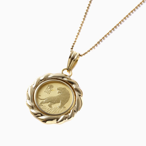 【送料無料】 純金/K24 コイン/COIN ペンダント/ネックレス トラ/虎/タイガー 干支 1/20オンス 18金 シルバー925/SV925 カットボールチェーン 4718-HG22