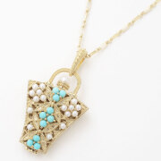 10金 K10YG シードパール ケシ真珠 ロケットペンダント アンティークデザイン トルコ石 ボトル型 5643-MH20