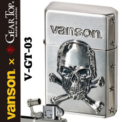 VANSONｘGEAR TOPコラボ 国産オイルライター メタル貼り　2面加工 クロスボーンスカル シルバー画像
