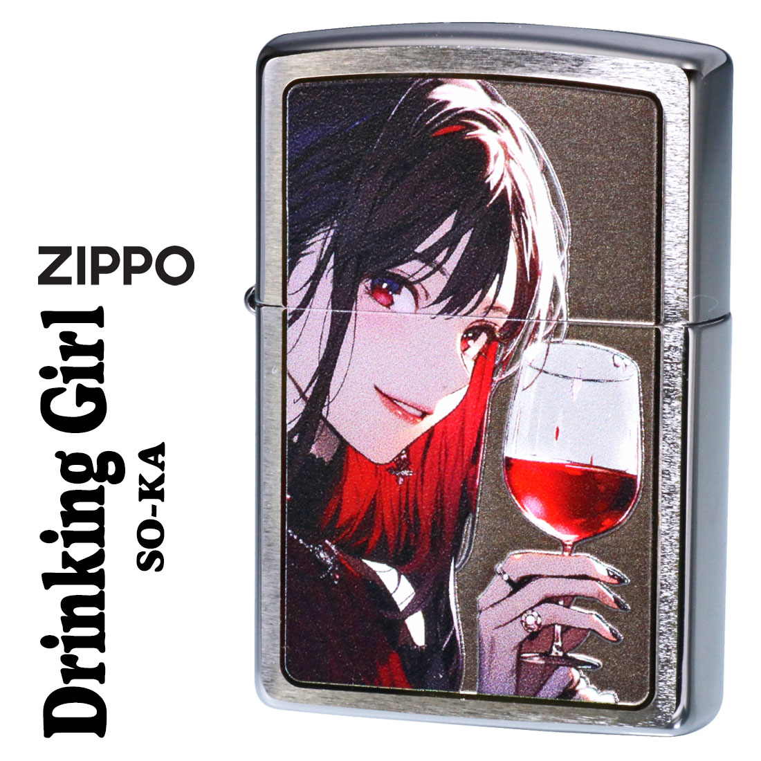 ZIPPO/ガール柄　Drinking Girl ドリンキング ガール ブラッシュクローム イラスト プリントメタル貼り　SO-KA画像