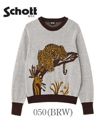 新品タグ付 定価2万 Schott レオパード コットンニット XL グレー 豹 Schott ショット 長袖|クルーネック|サマーニット『50's SUMMER KNIT