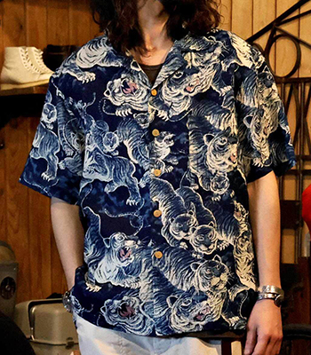 ＊桃太郎ジーンズ インディゴ 百虎 リネン アロハシャツ 日本製 40 GYPSY＆SONS ジプシーアンドサンズ 半袖|百虎|インディゴ|リネン