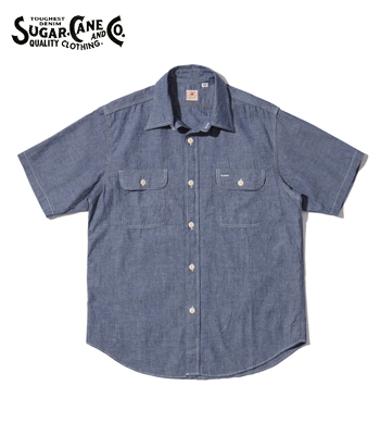 SUGAR CANE シュガーケーン　半袖シャツ　ブルー　Ｌサイズ　日本製 SUGAR CANE シュガーケーン ブルーシャンブレーワークシャツ