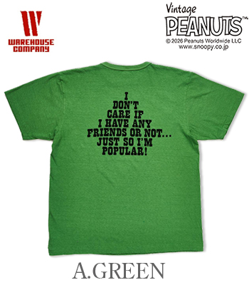 WAREHOUSE ピーナッツ DON'T CARE LUCY グリーン WAREHOUSE VINTAGE PEANUTS ウエアハウス 半袖|19/-天竺|LUCY|ONE WASH