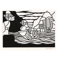熊谷溢夫の切り絵　原画　『ハーリーの始まり』