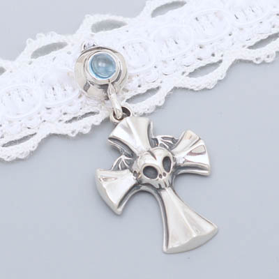 Round Blue Sapphire Cross Pendant - Helloice 【JAP工房】Skull Blue