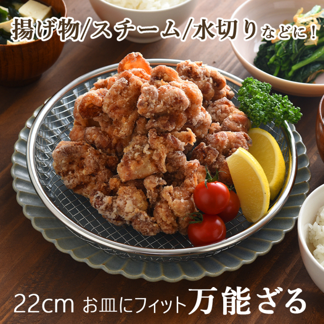 平ザル 22cm お皿 万能 ザル 燕三条 日本製 ステンレス 揚げ物 油切り 天ぷら フライ から揚げ 大皿 浅ザル 水切り ザル 食洗器対応 水切れ抜群 平ざる メッシュ 平たい 平 キッチン 調理器具 通販 荒目