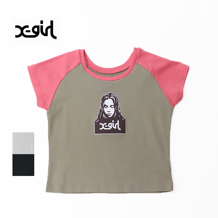 X-girl エックスガール レディース FACE RAGLAN S/S BABY TEE 半袖Tシャツ 105252011001