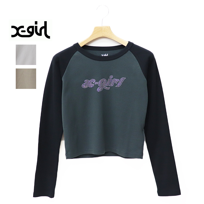 X-girl エックスガール BI COLOR RHINESTONE LOGO RAGLAN L/S BABY TEE Tシャツ 105253011001