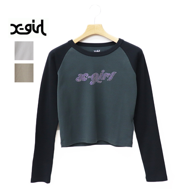 X-girl エックスガール BI COLOR RHINESTONE LOGO RAGLAN L/S BABY TEE Tシャツ 105253011001