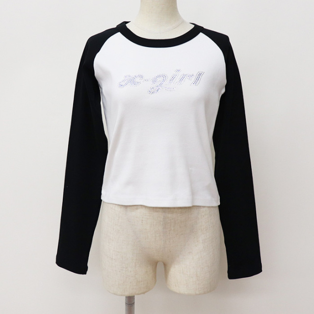 ぐるっぺ★ X-girl エックスガール BI COLOR RHINESTONE LOGO RAGLAN L/S