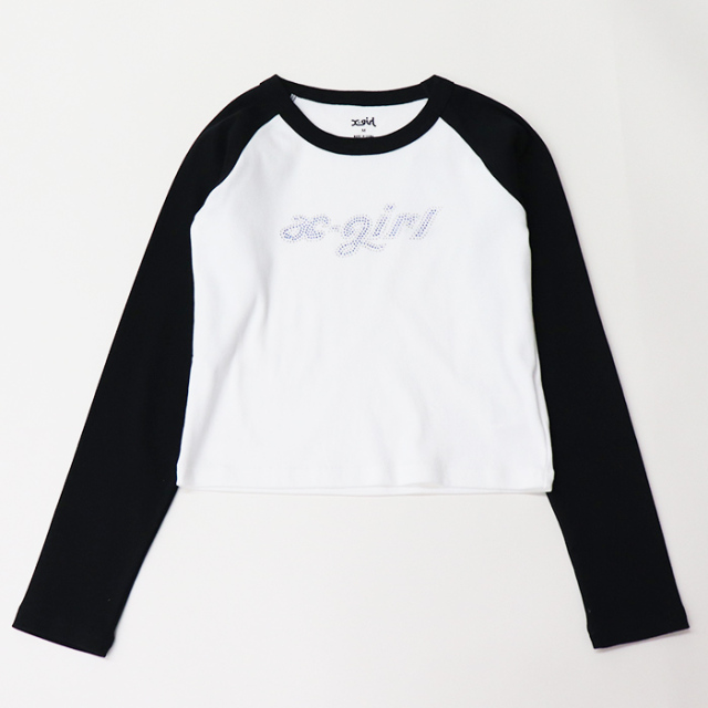 X-girl エックスガール BI COLOR RHINESTONE LOGO RAGLAN L/S BABY TEE Tシャツ 105253011001