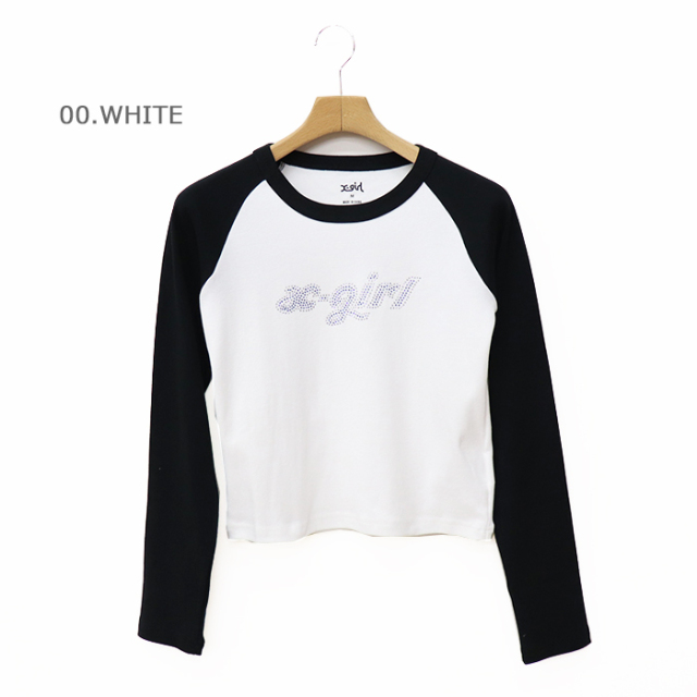 X-girl エックスガール BI COLOR RHINESTONE LOGO RAGLAN L/S BABY TEE Tシャツ 105253011001