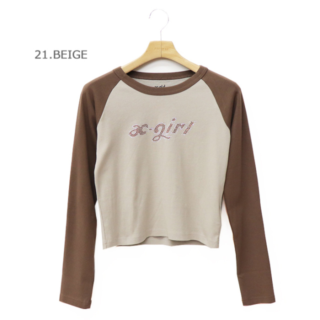 X-girl エックスガール BI COLOR RHINESTONE LOGO RAGLAN L/S BABY TEE Tシャツ 105253011001