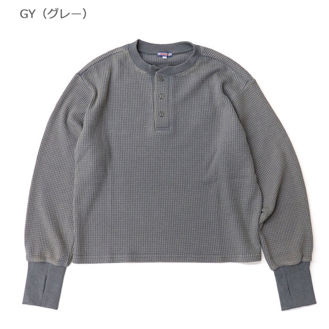 HOUSTON woman ヒューストン ウーマン ACID WASH WAFFLE H/N TEE ワッフルヘンリーネックTEEシャツ 2077W/GY（グレー）