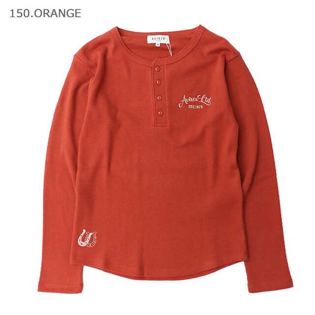 AVIREX アヴィレックス Tシャツ レディース HONEYCOMB WAFFLE HENLEY T-SHIRT ハニカムワッフル ヘンリーTシャツ 783-6230601/150.オレンジ
