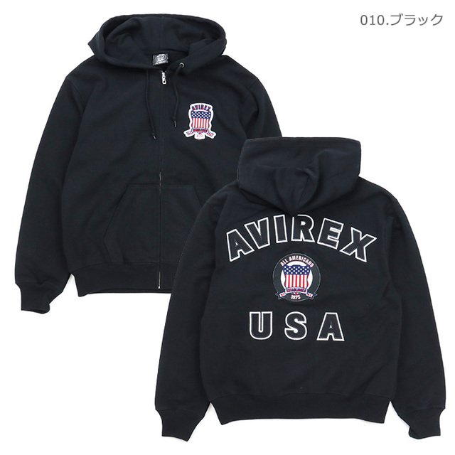 AVIREX アヴィレックス スウェット SIGNATURE VARSITY ZIP UP PARKA シグネチャー バーシティー ジップアップ パーカ 783-6931001/010.ブラック