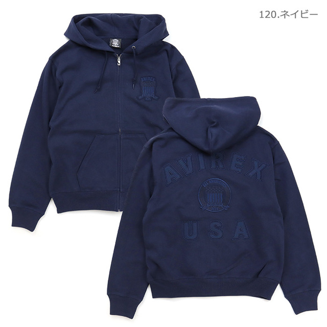 AVIREX アヴィレックス スウェット SIGNATURE VARSITY ZIP UP PARKA シグネチャー バーシティー ジップアップ パーカ 783-6931001/120.ネイビー
