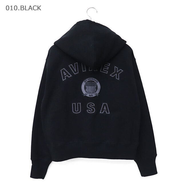 AVIREX アヴィレックス Tシャツ レディース SIGNATURE VARSITY LOGO ZIP PARKA シグネチャー バーシティー ジップアップ パーカ 783-6931601/010.ブラック