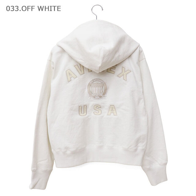 AVIREX アヴィレックス Tシャツ レディース SIGNATURE VARSITY LOGO ZIP PARKA シグネチャー バーシティー ジップアップ パーカ 783-6931601/033.オフホワイト