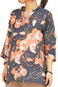 レーヨン七分袖プリントシャツ（ネイビー）