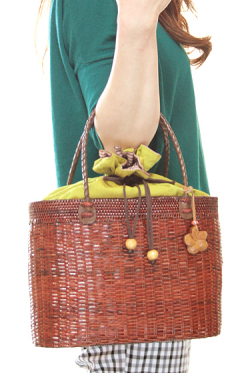 巾着フタ付き手さげカゴアタバッグ　ブラウン