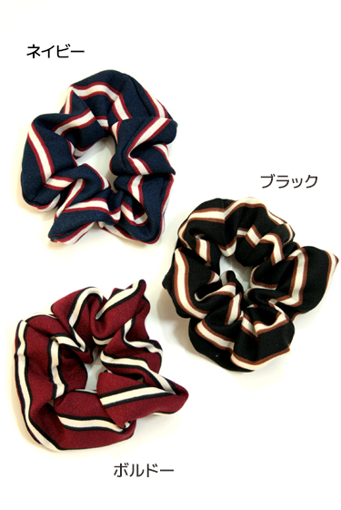 レトロカラーボーダーシュシュ（ネイビー/ブラック／ボルドー）