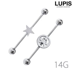 【14G】スター＆スカルインダストリアルロングバーベルボディピアス