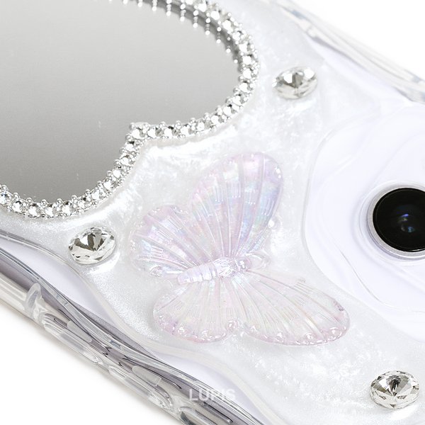 バタフライ✨名入れ♡キラキラ✨レインボー 花 ミラー付き フチiPhoneケース バタフライ✨名入れ♡キラキラ✨レインボー 花 イニシャル フチ