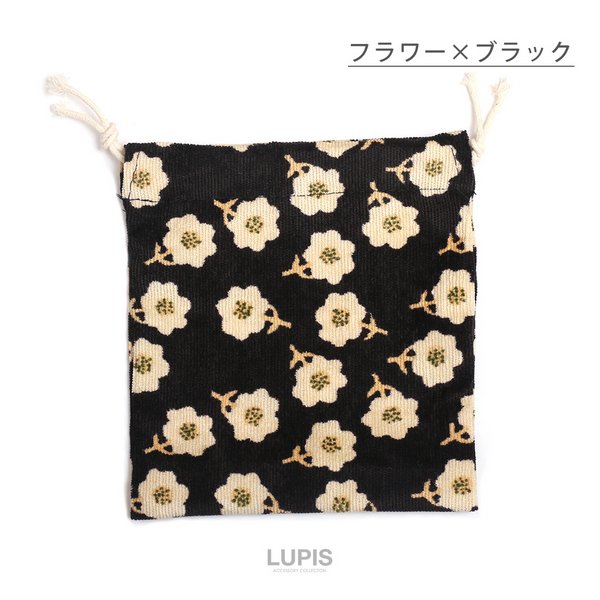 フラワー×チェック柄コーデュロイ巾着ポーチ - バッグ・ポーチ・財布を