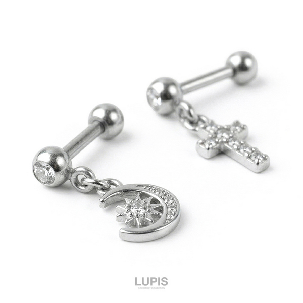 16G】クロス×ムーンストレートバーベルボディピアス - ボディピアスを