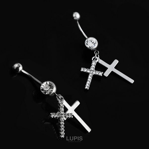 クロス&ジュエルバナナバーベル14Gボディピアス・へそピアス/ボディピ