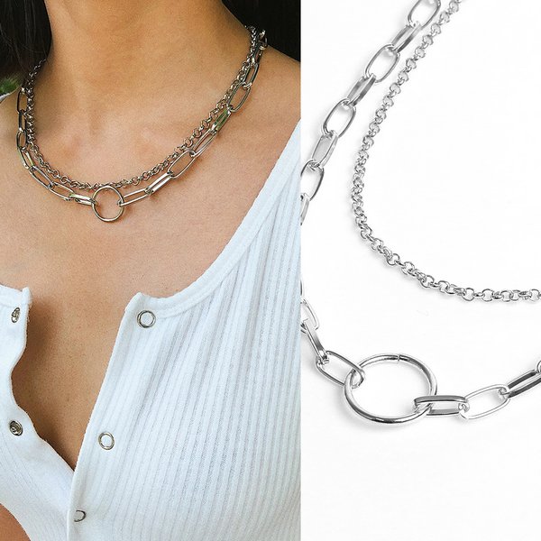 アクセサリーまとめ売り　ネックレス　ブレス　イヤリング等 サークルリング2連メタルチェーンネックレス - ネックレスを激安