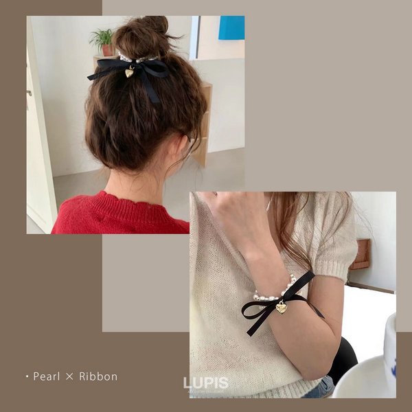 リボン×ハート2連パールヘアゴム-激安ヘアアクセサリーの通販販売