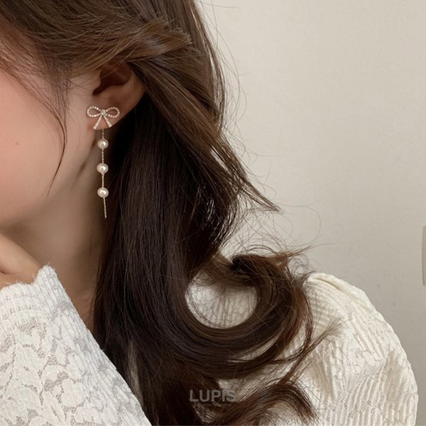 リボン×パールチェーンバックキャッチピアス - ピアスを激安で通販販売