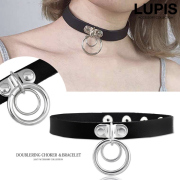 ダブルリングレザーチョーカーネックレス