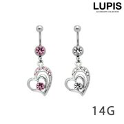 【14G】2連オープンハート＆ジュエルバナナバーベルボディピアス・へそピアス(2色あり)