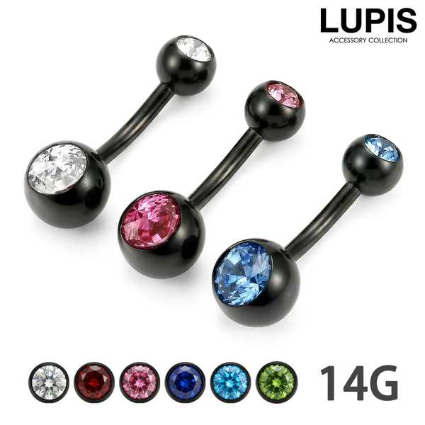 14G】ブラックジュエルバナナバーベルボディピアス・へそピアス