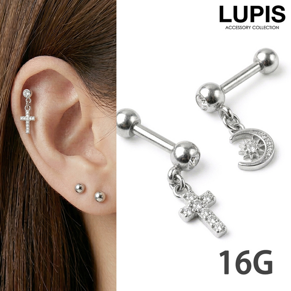 16G】クロス×ムーンストレートバーベルボディピアス - ボディピアスを