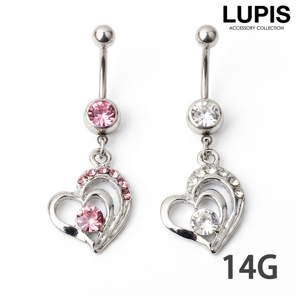【14G】2連オープンハート＆ジュエルバナナバーベルボディピアス・へそピアス(2色あり)