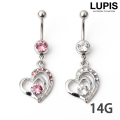 【14G】2連オープンハート＆ジュエルバナナバーベルボディピアス・へそピアス(2色あり)