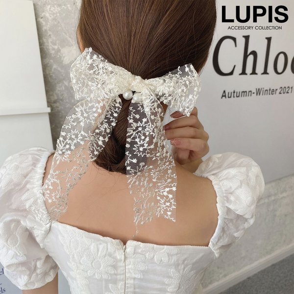 刺繍レースリボンパールヘアゴム