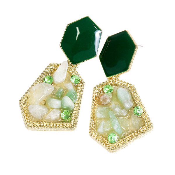 ★【ピアス】ビジュー×カーブチャーム グリーン 緑 華奢 アシンメトリー イヤークリップ ピアス イヤリング セット 緑