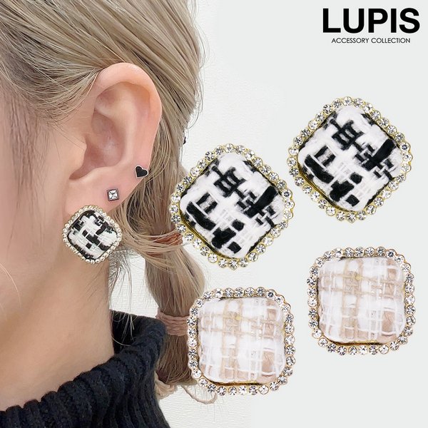 ツイードスクエアボタンピアス