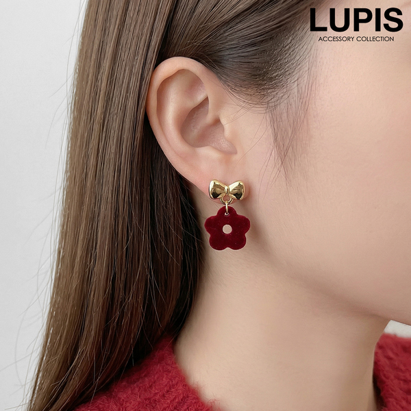 リボン×ベロアフラワーピアス