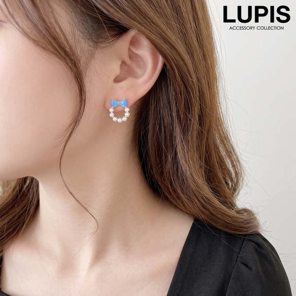 リボン×パールリングピアス
