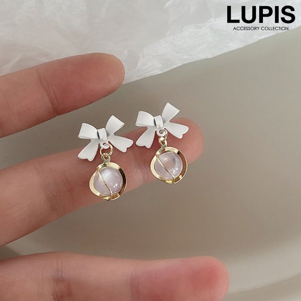 リボン×ドロップストーンピアス