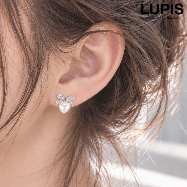 メタルリボンハートパールピアス